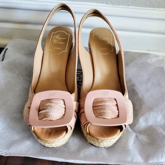 ROGER VIVIER Dusty Rose Suede Espadrille Slingback Buckle Wedge Sandals Sz 36 - Picture 2 of 9